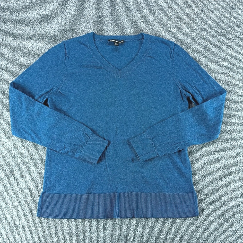 Katherine Barclay Womens Teal Blue Extra Fine Merino‎ Wool V-Neck Sweater Size L